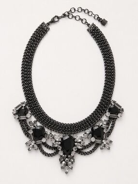 BCBG Black Gunmetal Chain Statement Necklace Crystal Bib Collar